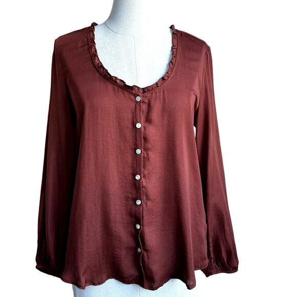 Dolan Womens Blouse Small Ruffled Neck Button Down Long Sleeve Top Brown Casual - Picture 1 of 10